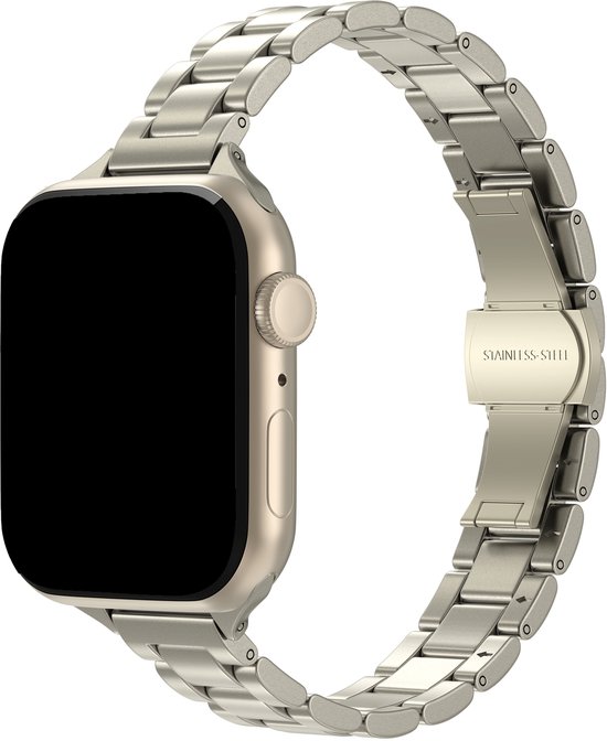 Zilverkleurig metalen horlogebandje met schakels, bevestigd aan een smartwatch met een zwart scherm.