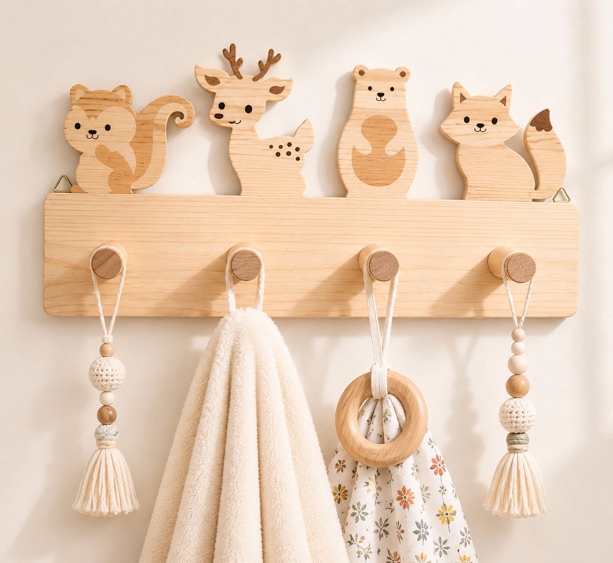 kinderkapstok - kapstok - kinder kamer kapstok - baby kamer kapstok - wandkapstok - bos dieren - hout - 4 haken