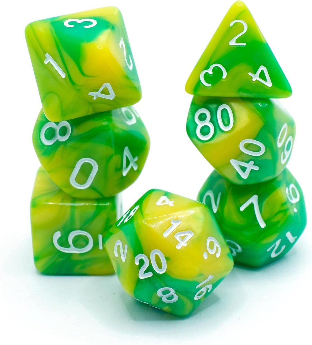 Dobbelstenen Set - Polydice Veelvlaks - Rollenspellen Avonturen - Compleet Polyset - 7 Stuks - Groen Geel Wit