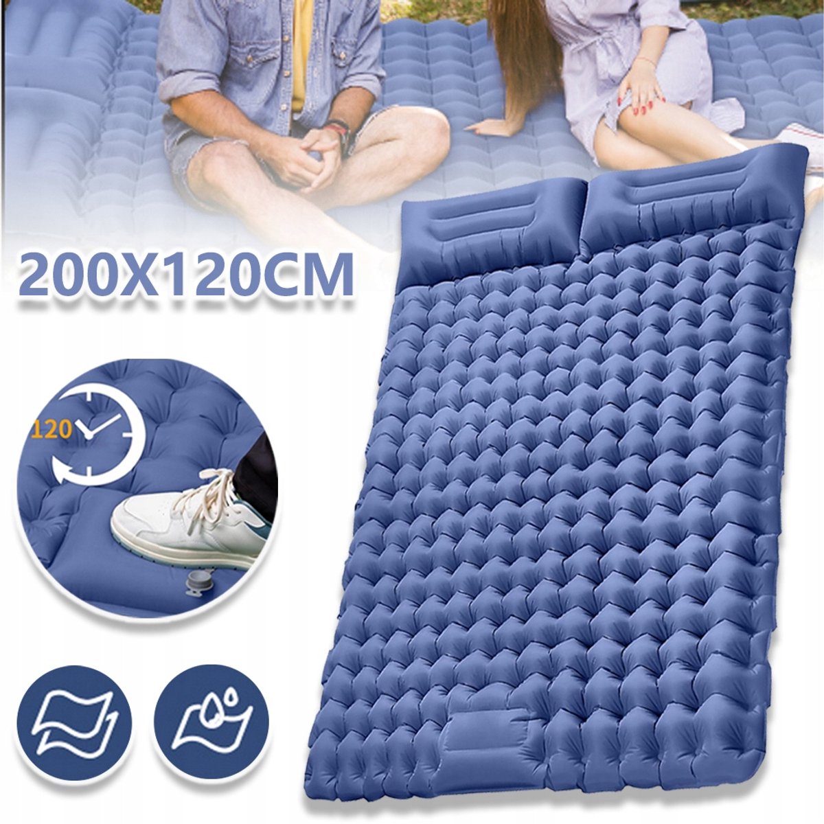 Tweepersoons Campingmatras Met Kussen - Opblazen Met Voetpedaal Geen Pomp Nodig - Waterdicht 40D Nylon + Tpu - Scheurvast En Compact - Voor Buitengebruik En Gasten - Blauw