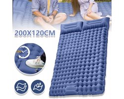 Tweepersoons Campingmatras Met Kussen - Opblazen Met Voetpedaal Geen Pomp Nodig - Waterdicht 40D Nylon + Tpu - Scheurvast En Compact - Voor Buitengebruik En Gasten - Blauw