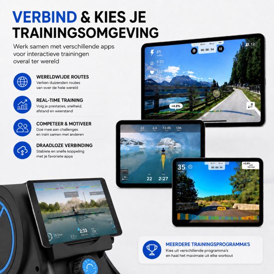 Zwarte roeitrainer met tablet waarop routes en trainingsprogramma's worden weergegeven.