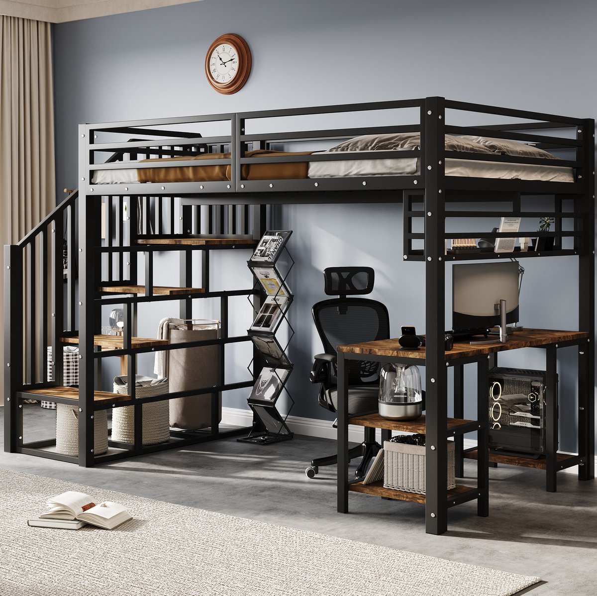 MEUNIQ hoogslaper 120x200 cm met bureau, opbergrek, trap met handgrepen en lattenbodem, me