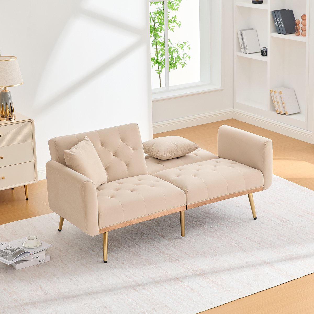 DESMIU Slaapbank 165 Cm - 2-Zits Met Verstelbare Rugleuning En Kussens - Voor Woonkamer En Logeerkamer - Fluweel - Beige