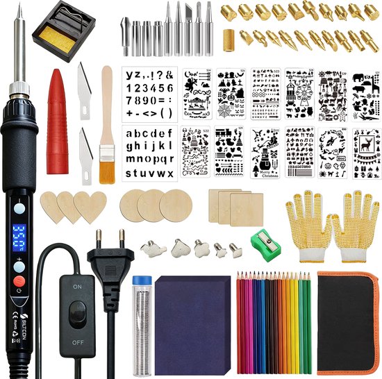 Uitgebreide houtbrander set met soldeerbout, diverse brandpunten, stencils, houtschijven, kleurpotloden en handschoenen.