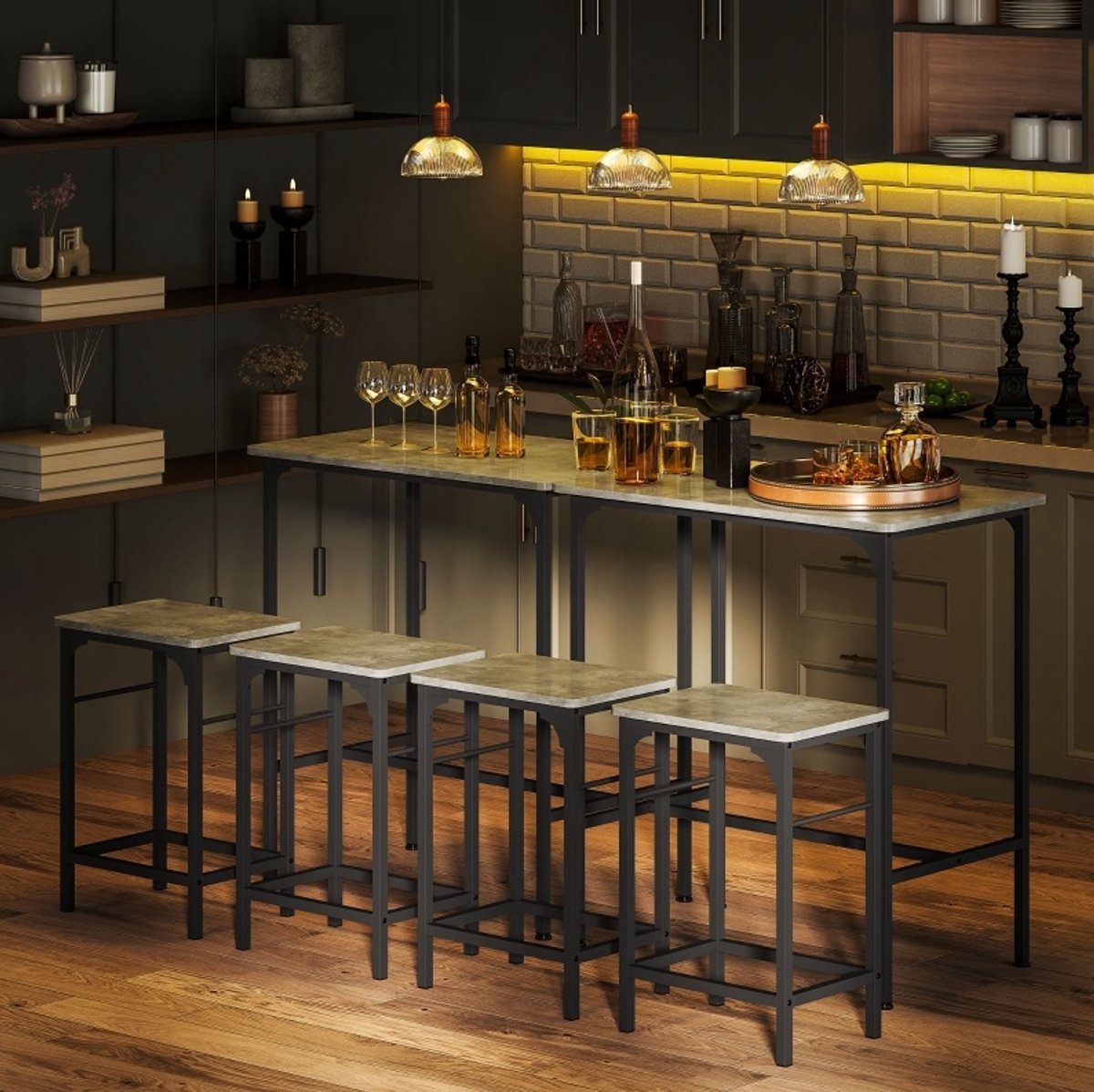 HAUSS SPOLE Bartafel Set - Bar Tafel Met 2 Barkrukken - Ruimtebesparend Met Verstelbare Poten En Antislip Voetdoppen - Voor Keuken En Eethoek - Metaal Grijs