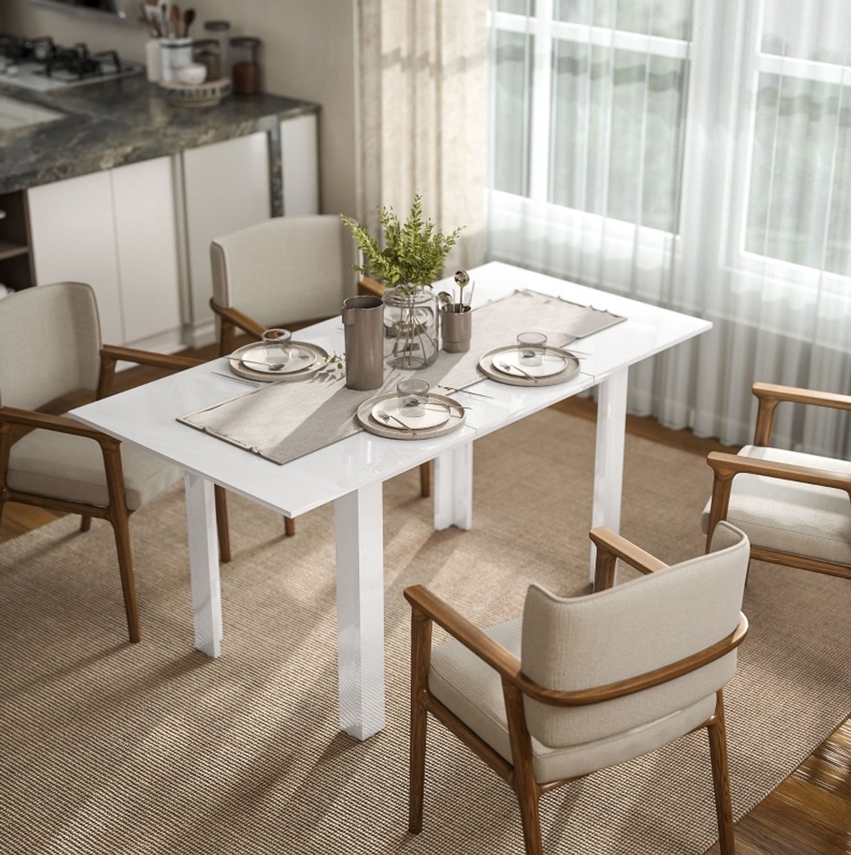 MEUNIQ Uitschuifbare eettafel 120-160 x 80 x 78 cm rechthoekige keukentafel voor 4-6 personen met vlindermechanisme en hoogglans wit tafelblad