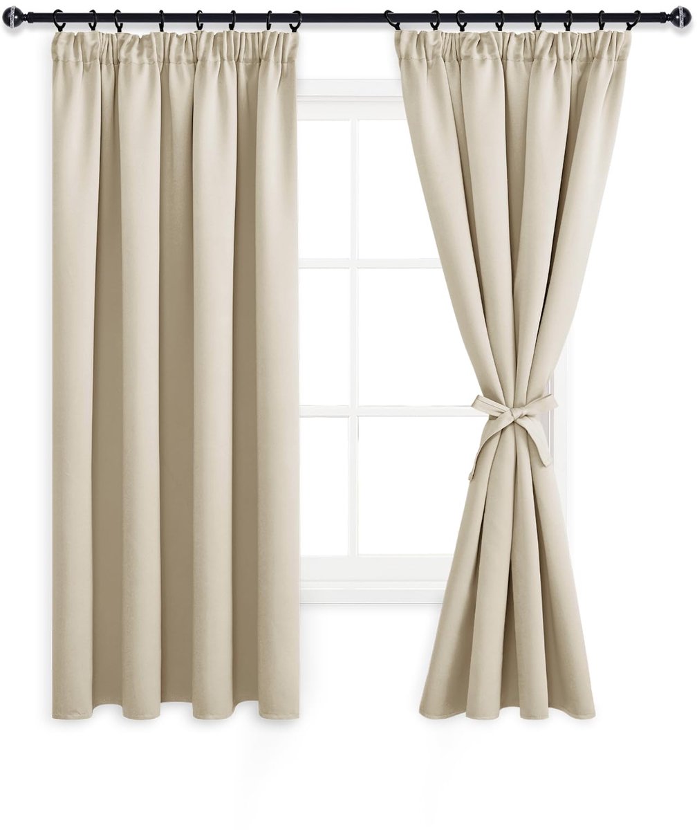 Verduisterende Gordijnen Plooiband met Riemen, Kant en Klaar, Ondoorzichtige Gordijnen Gordijnen voor Woonkamer, 117x183 cm (B x H), Crème Beige, 2 stuks