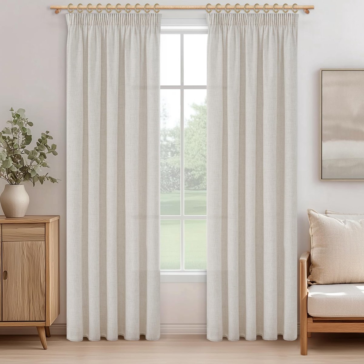 Gordijnen met plooiband, linnenlook, semi-transparant voor woonkamer, set van 2, gordijnen slaapkamer 215 cm lang gordijn raam 140 cm breed, linnen gordijnen woonkamer, ivoorwit