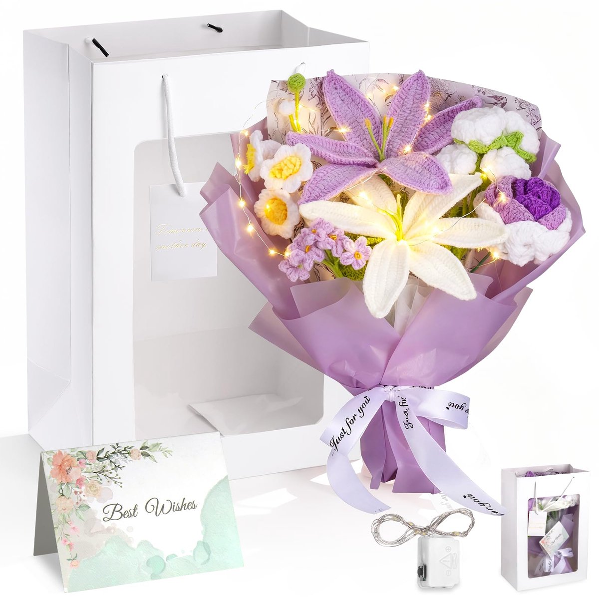 Gehaakt bloemenboeket - Gebreide bloemen - Woondecoratie - Inclusief lichtjes - 30 cm - Paars