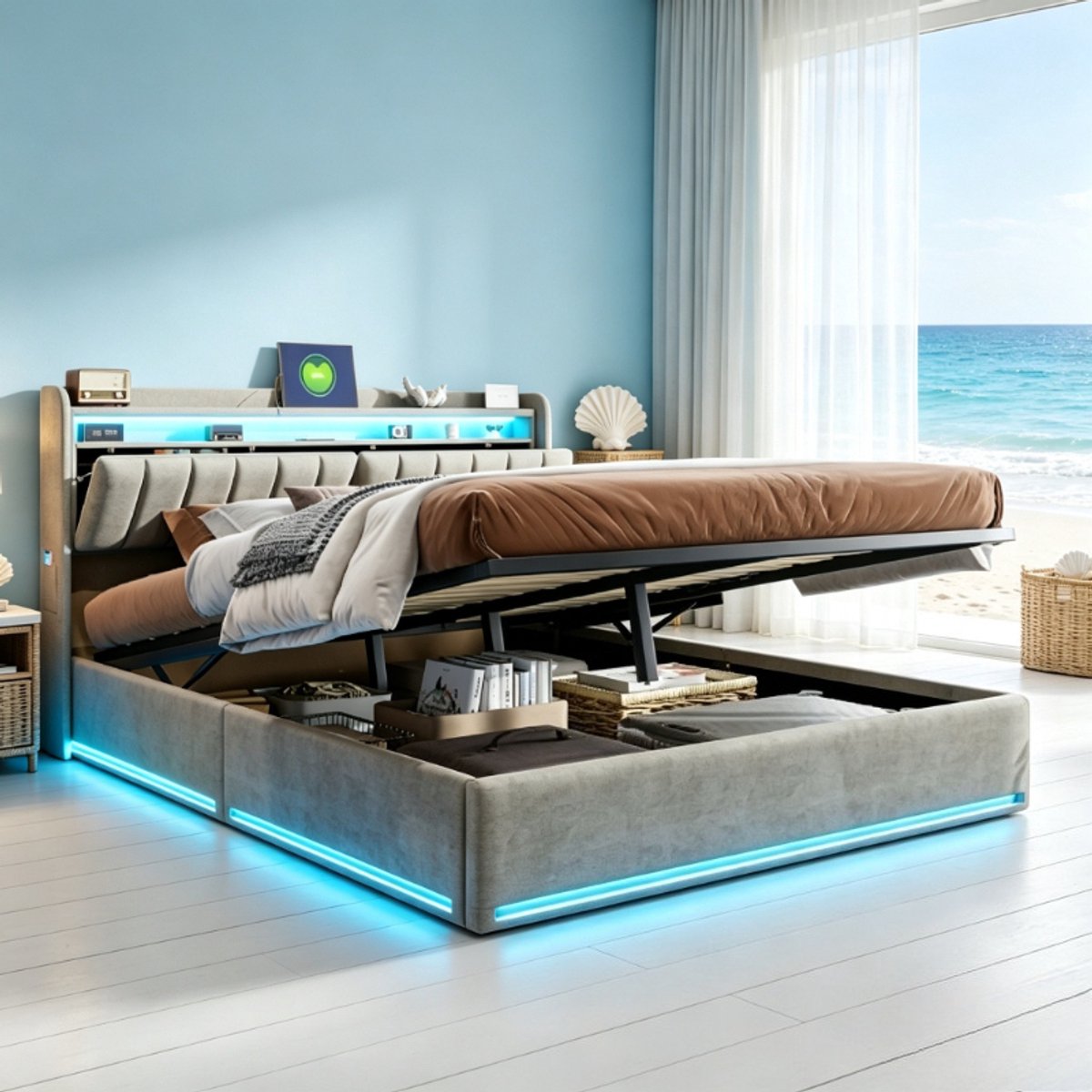 Tweepersoonsbed 140x200 cm, volwassen bed met LED verlichting, hoofdbord met opbergruimte, bedframe met opslagruimte, lattenbodem, fluweel grijs, zonder matras