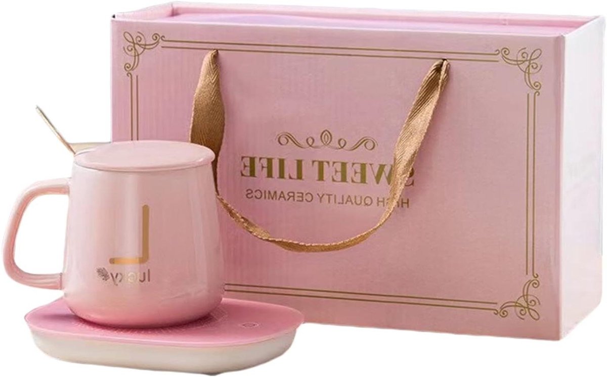 Thermostaatbeker Set - Verwarmde Onderzetter - Dranken Warm Houden - Constante Temperatuur - 380ml - Roze