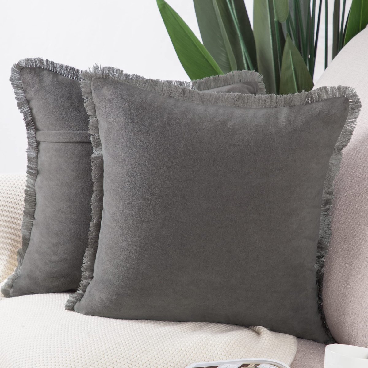 Set van 2 Kort suède kussenslopen zacht decoratief kussenhoes voor sofa slaapkamer kussensloop 55x55 cm Grijs