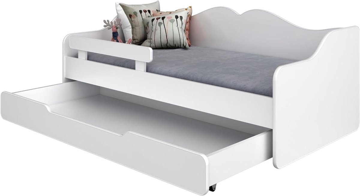 Kinderbed - Eenpersoonsbed Logeerbed - Ruimtebesparend Slapen - Met Lade en Valbeveiliging - 140x70cm - Wit