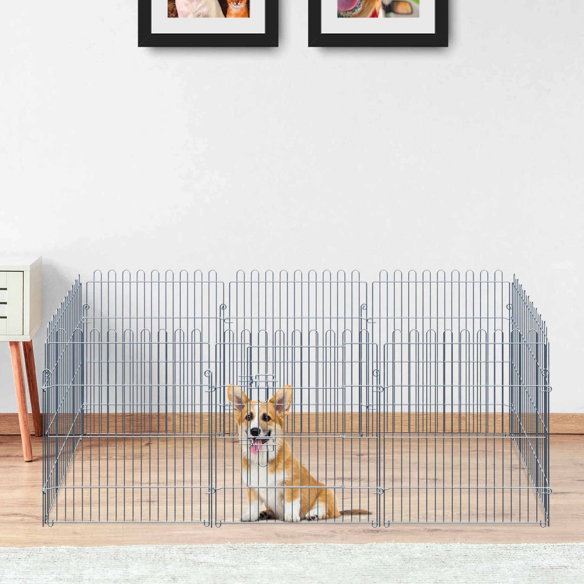 MIVRAY Puppyren - 8-Delig Met Deurtje En Grondankers - 63 x 76 cm - Staal - Zilverkleurig - Voor Puppy's Binnen En Buiten