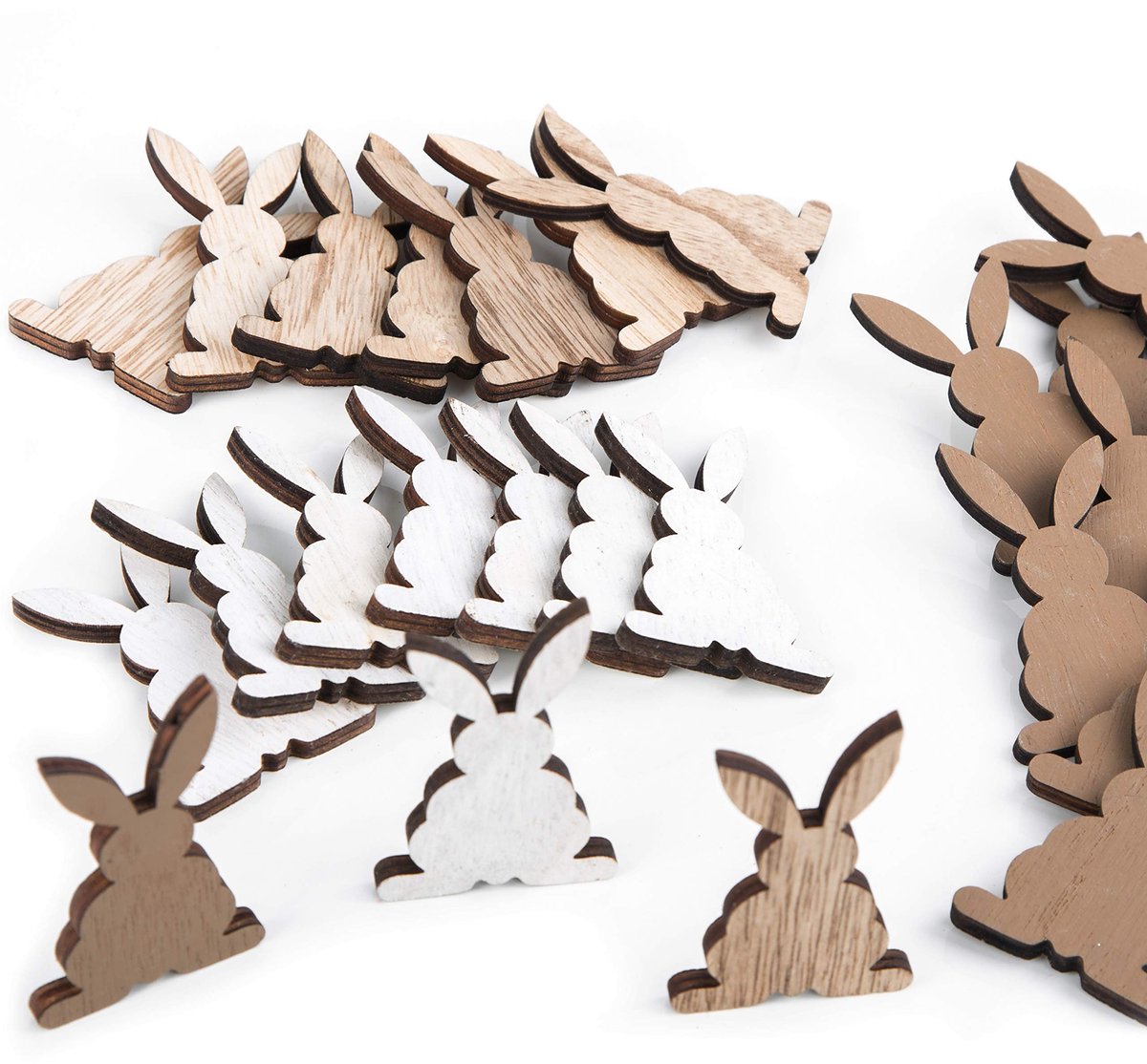 strooidecoratie hout, 24 stuks: houten strooifiguurtjes Pasen, mini paasfiguren tafelversiering, decoratie voorjaar, cadeauversiering knutselen, bruin wit natuur, 6,5 x 4 cm