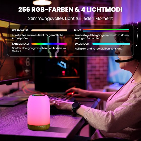 LED Nachtlampje - Touch Dimbaar met 256 RGB Kleuren, 4 Lichtstanden, Draadloze USB-Oplaadbare Tafellamp met Timer en Haak, Houtlook, Draagbaar voor Slaapkamer, Woonkamer en Kinderkamer — afbeelding 3