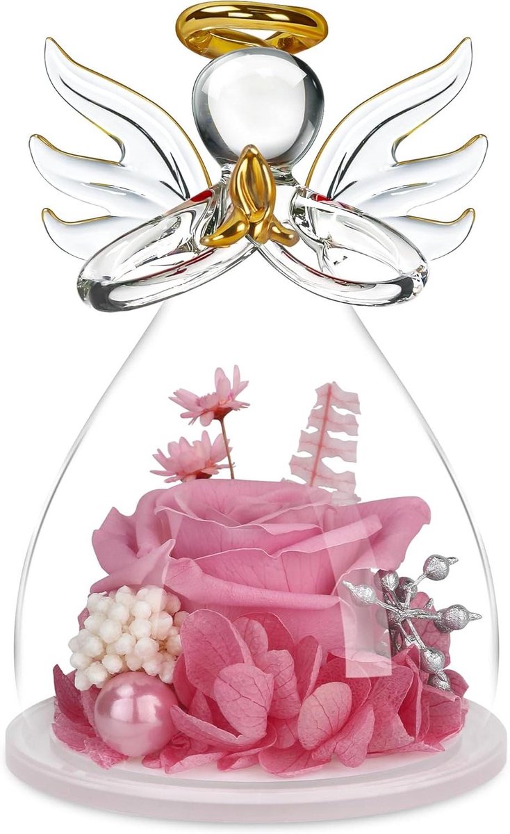 Engel met Roos - Glazen Beeldje - Cadeau Geven - Echte Roos - 11 cm Hoog - Roze