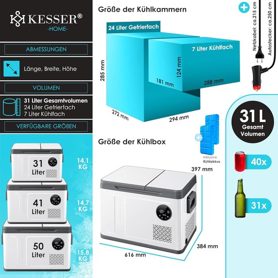 Elektrische Compressor Koelbox 2-in-1 - 31 Liter Koel- en Vriesvak, Led-Touch Bedieningspaneel, Geschikt voor Auto en Camping — afbeelding 2