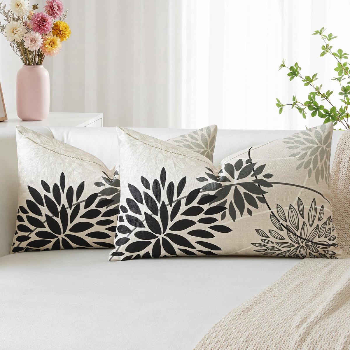 Set van 2 kussenslopen, 40 x 60 cm, modern, elegant, bloemen, geometrisch patroon, kussenhoes voor bank, slaapkamer, woonkamer, buiten, decoratie, zwart