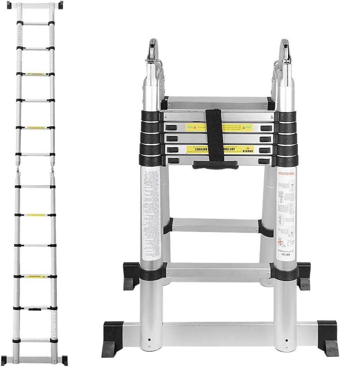 Telescopische Ladder - Uittrekbare Vouwladder - Veilig Klussen - Vingerbescherming - 38 Meter Hoog - Aluminiumkleur
