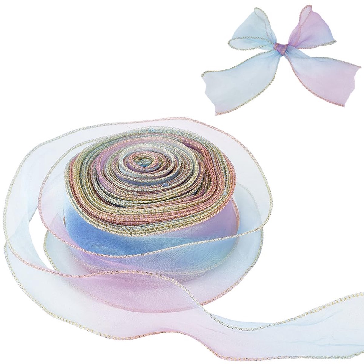 35M 60mm Blauw Paars Iriserend Transparant Organza Lint Gouden Rand Fishtail Chiffon Splitterende Garen Lintjes voor naaien Cadeau Inpakken Bruiloft Kerstdecoratie Doe-zelf Knutselbenodigdhe