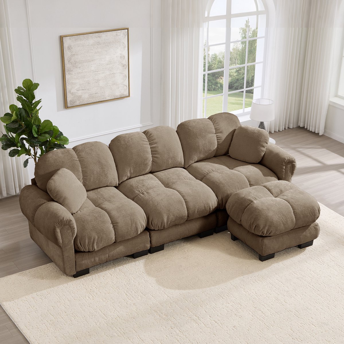 MIVRAY Hoekbank 3-Zits - L-Vormig Cloud Sofa Met Mobiele Ottomaan En 2 Sierkussens - Voor Woonkamer - Chenille Bruin