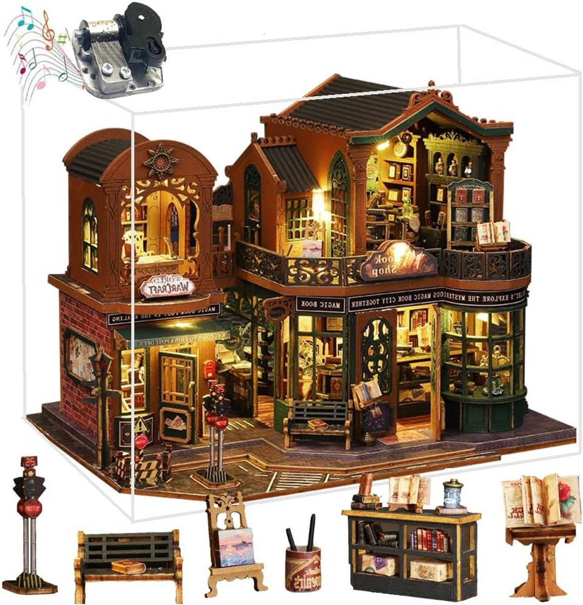 Miniatuur Poppenhuis - Bouwpakket Huisje - Creatief Hobby - Met LED Verlichting - 23.5 x 18 x 22 cm - Vintage