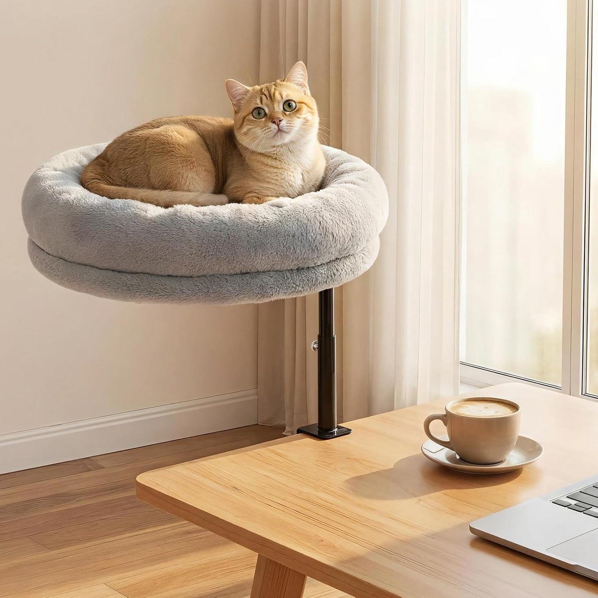Kattenhangmat Bureau - Kattenmand Bureauklem - Werken met kat - 360° Draaibaar - 43 cm diameter - Grijs