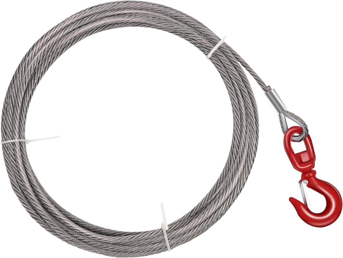 Stalen Lierkabel - Sleepkabel Staal - Voertuigen Verplaatsen - Zelfborgende Draaibare Haak - 095 cm x 152 m - Zilver