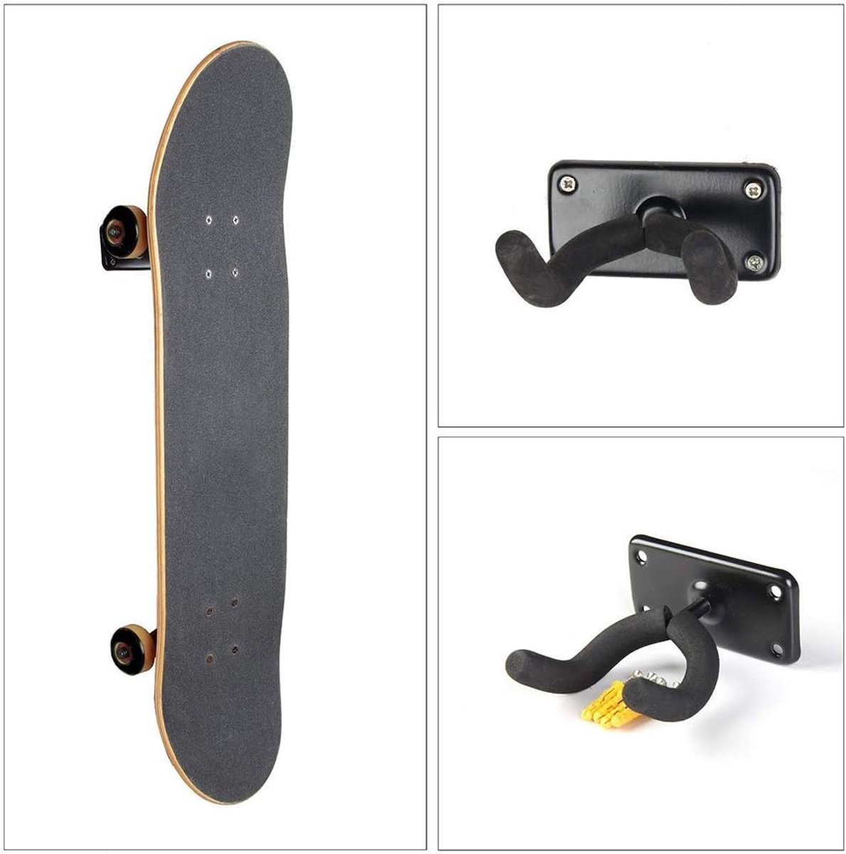 Wandhouder Skateboard - Gitaar Haak - Opbergen Sportuitrusting - Met EVA Bescherming - 10 x 11 x 5 cm - Zwart