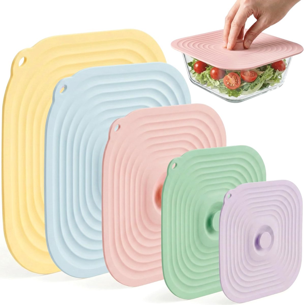 Set Van 5 Siliconen Voedseldeksel - Siliconen Deksel Luchtdichte Afsluiting - 5 Maten - 5 Kleuren - BPA-Vrij - Voedselopslag - Voor Bekers, Kommen, Potten, Pannen, Koelkasten - Voor Magnetron, Oven, Koelkast en Vaatwasser - Vierkante Vorm