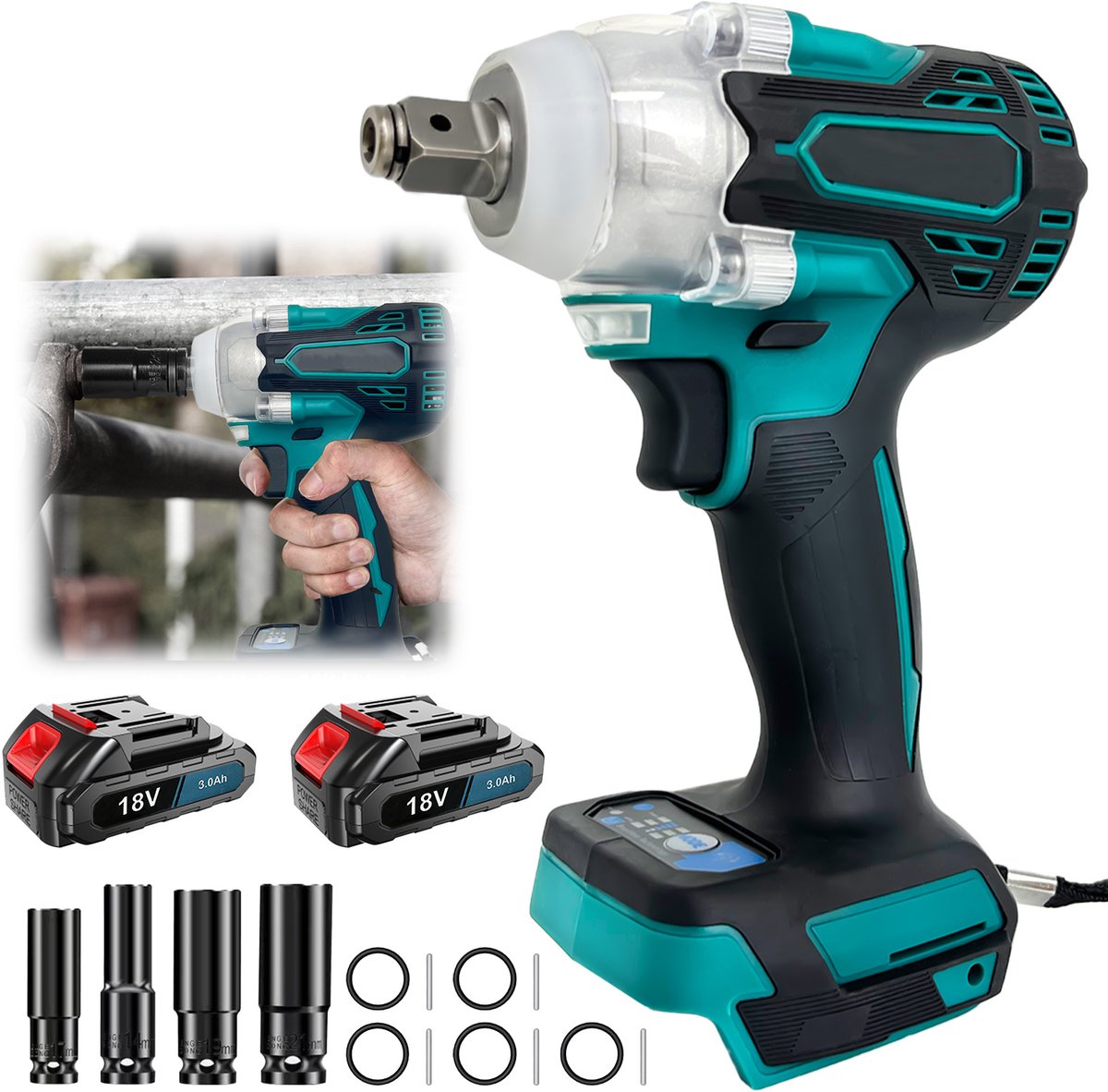 Borstelloze Accu‑slagmoersleutel 18V, met 2 stuks 3,0 Ah accu’s, EU‑oplader en 4 doppen (14/17/19/21 mm), 1/2‑inch vierkant, voor autoreparatie en kluswerk