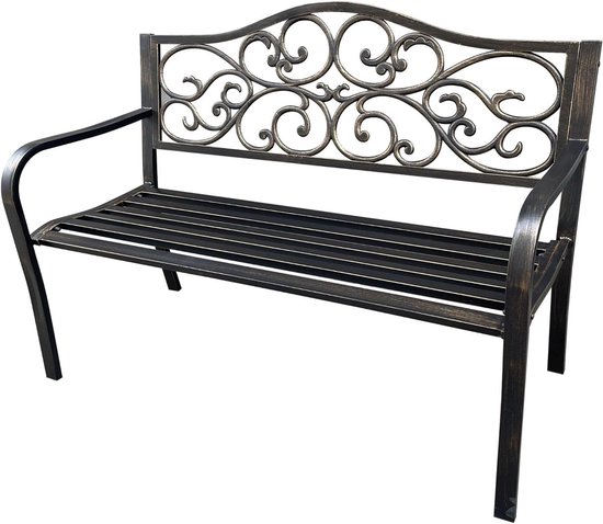 Bruine metalen tuinbank met een gebogen zitting en een decoratieve gietijzeren rugleuning.