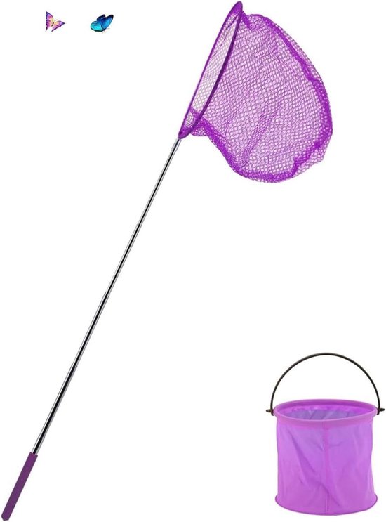 Paars vlindernet met uitschuifbare steel en bijpassende paarse emmer, met twee vlinders in de lucht.
