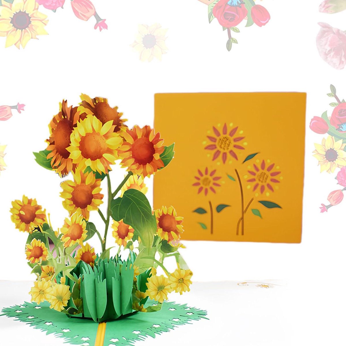 Pop-Up Wenskaart - 3D Kaart Bloemen - Verjaardag Vieren - Handgemaakt Papierontwerp - 15 x 15 cm - Zonnebloem