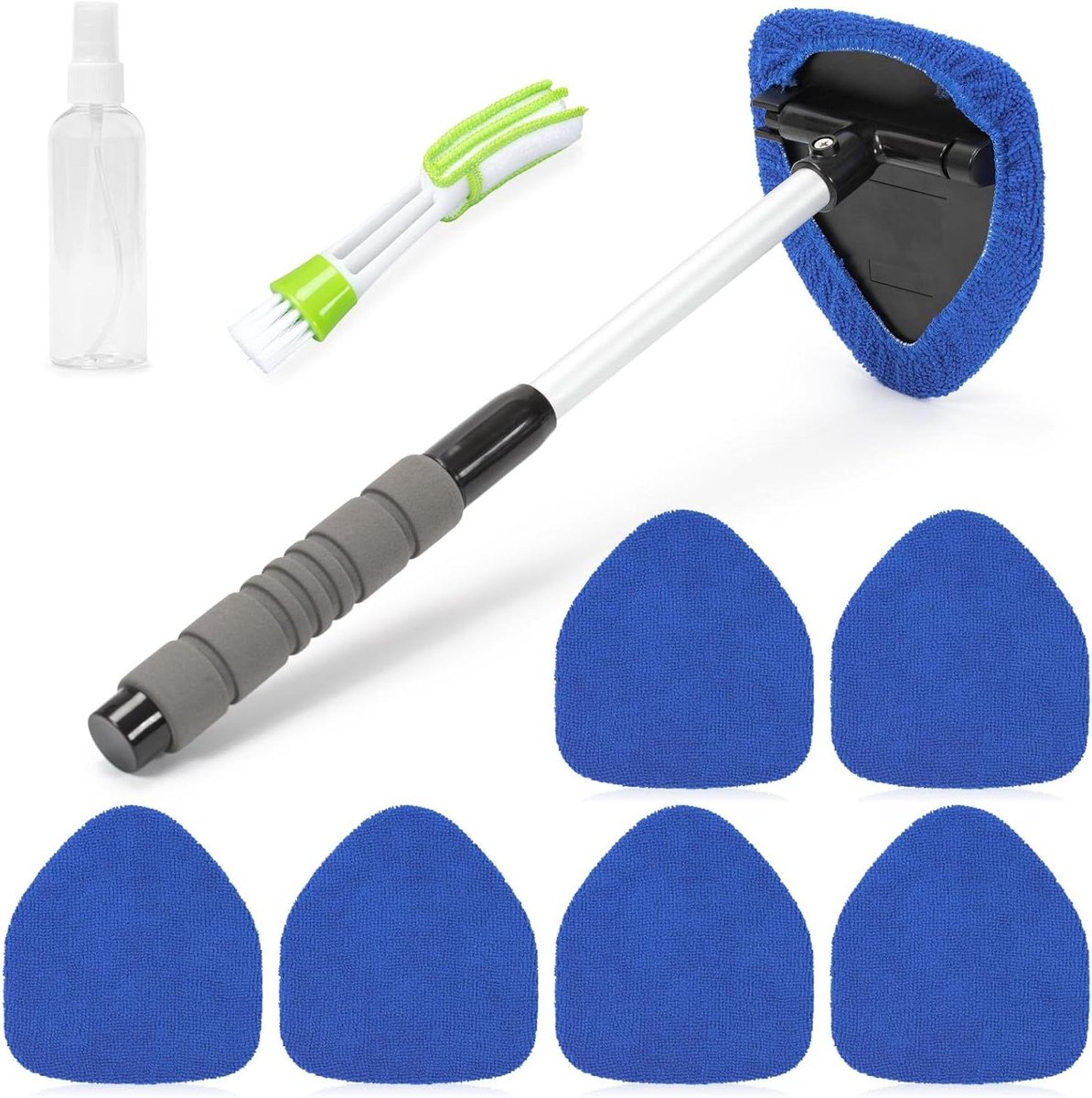 Autoruitenreiniger Set - Voorruitreiniger Glasreiniger - Auto Ramen Zemen - Uittrekbare Handgreep - 6 Microvezelpads - Blauw