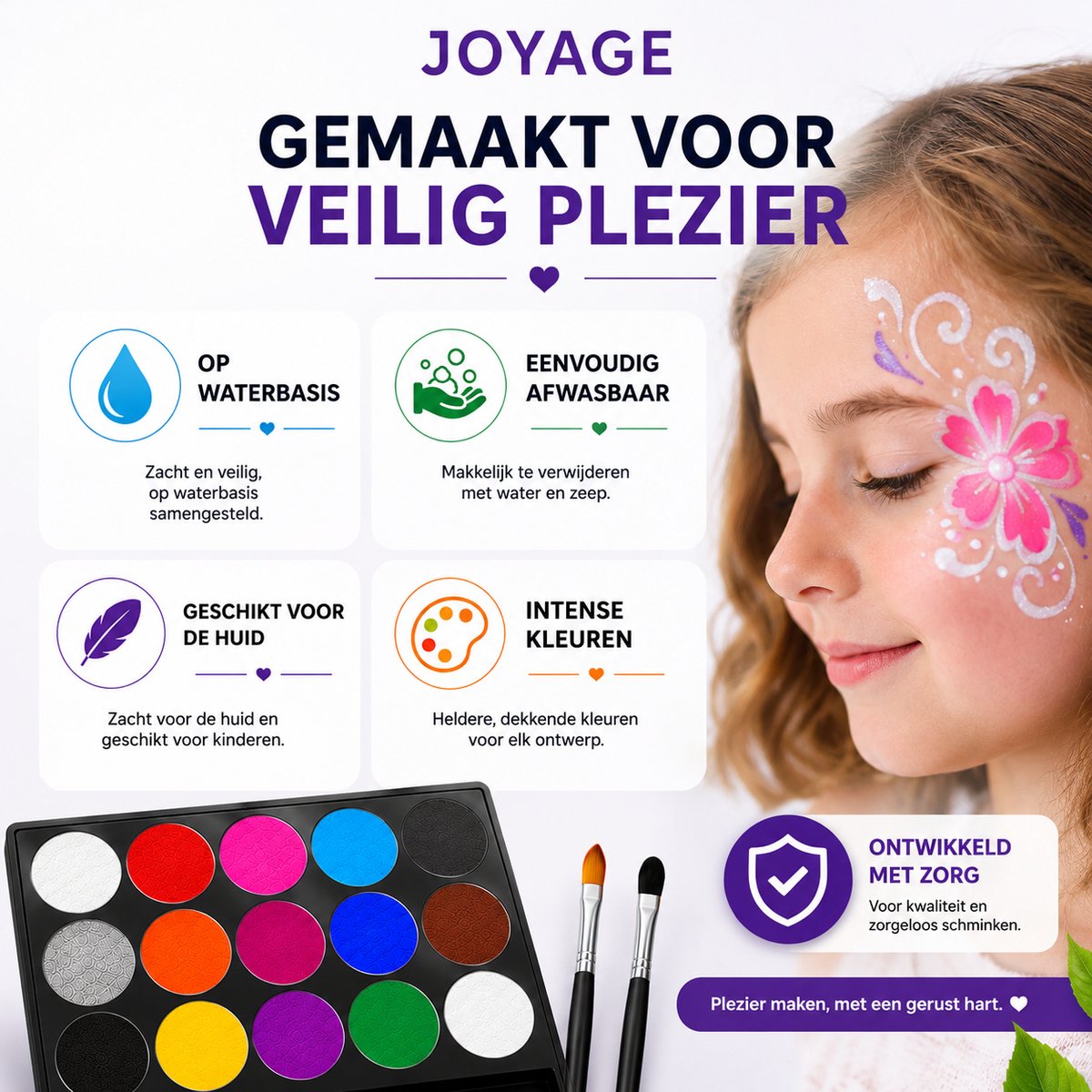 Joyage Schmink kinderen & volwassenen - Op waterbasis - Sjablonen en penselen - Schminkset Elf Make up Kinderen - Face paint palette - Grime Halloween Schmink palet wit - Kinderschmink voor grimas - Gezichtsverf grimeren - Smink sinterklaas cadeau — cadeau in Hobby - foto 6