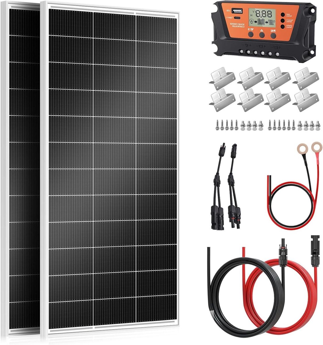 Monokristallijne Zonnepaneelkit - Zonnepanelen Set - Energie Opwekken - Hoge Conversie Efficiëntie - 2 x 200 Watt - Wit