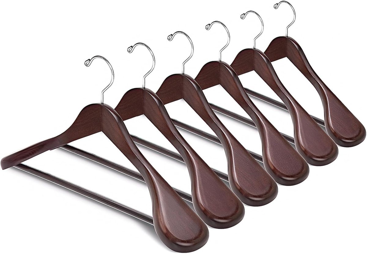 Home 44,5 cm retro houten kleerhangers 10 stuks met brede schouder (5,8 cm), zware antieke houten kleerhanger met antislip broekstang, walnootbruine kledinghangers rek voor jas, broek broek