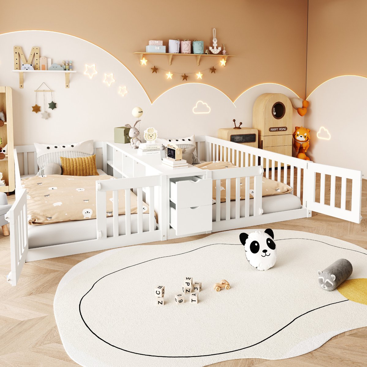MIVRAY Kinderbed 2 x 90x200 cm Zonder Matras - Tweepersoons Bed Met Opbergrek, Laden en Veiligheidshekken - Hout - Wit