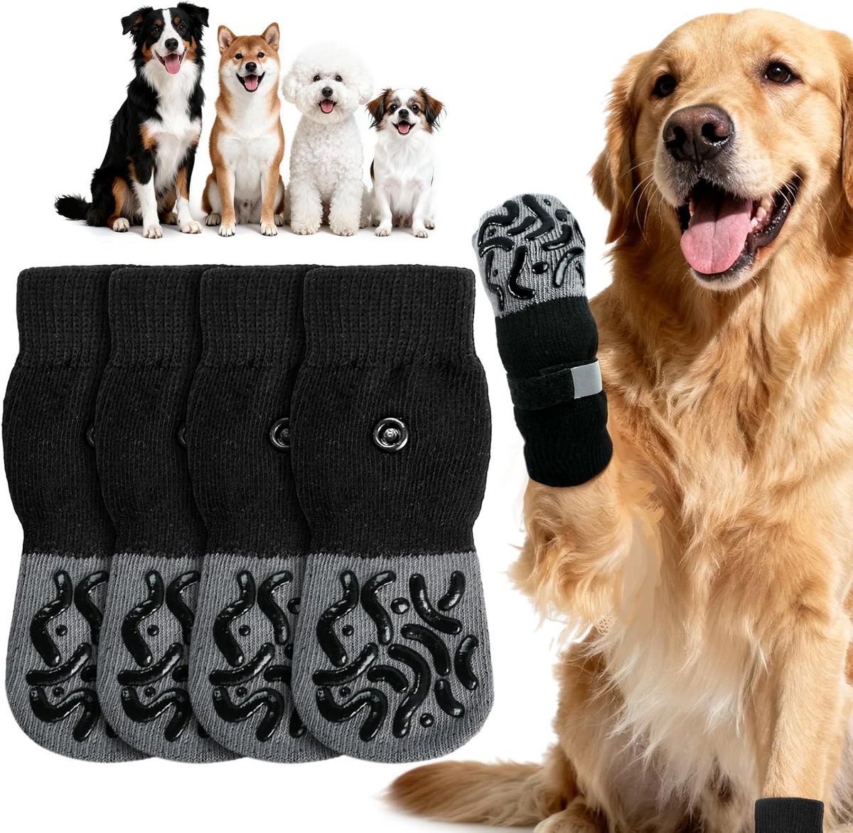 hondensokken, 2 paar antislipsokken voor honden, hondensokken voor honden met verstelbare riemen, antislipsokken voor honden, tegen krassen, hitte, kou voor kleine, middelgrote en grote (S)