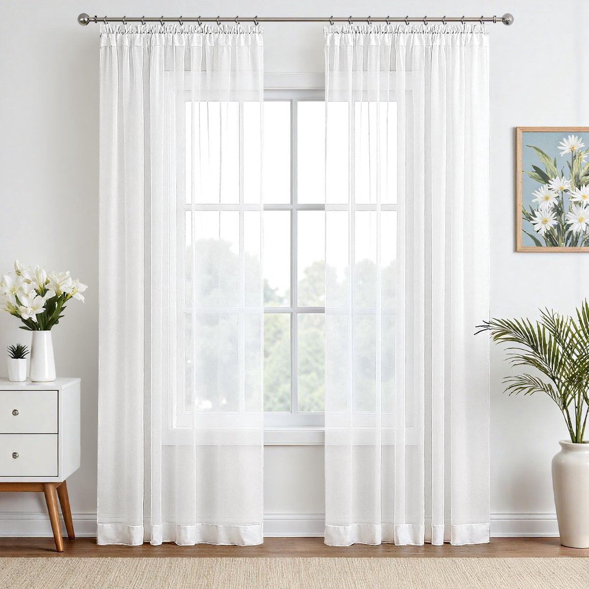 Gordijnen Gordijnen met Rimpellint Transparante Gordijn van Eenkleurig Transparant Sheer Voile Luchtige Deco-gordijn voor Slaapkamer en Woonkamer, Set van 2, 145 x 140 cm (h x b), Wit