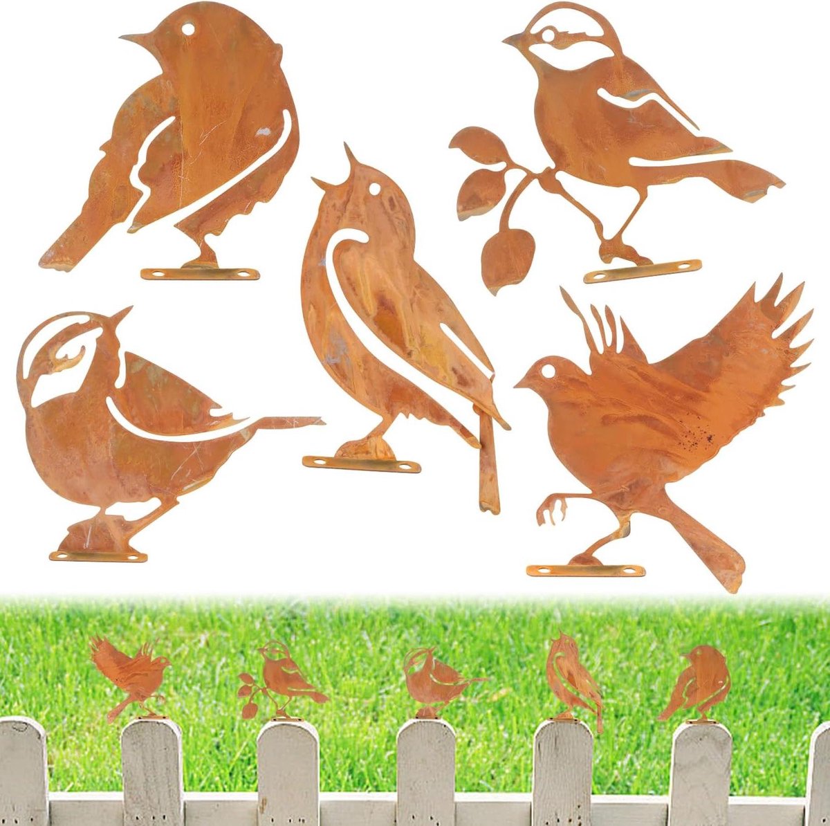 Tuindecoratie Vogels - Roestige Vogels - Tuin Decoreren - Set van 5 - Diverse Maten - Roestkleur