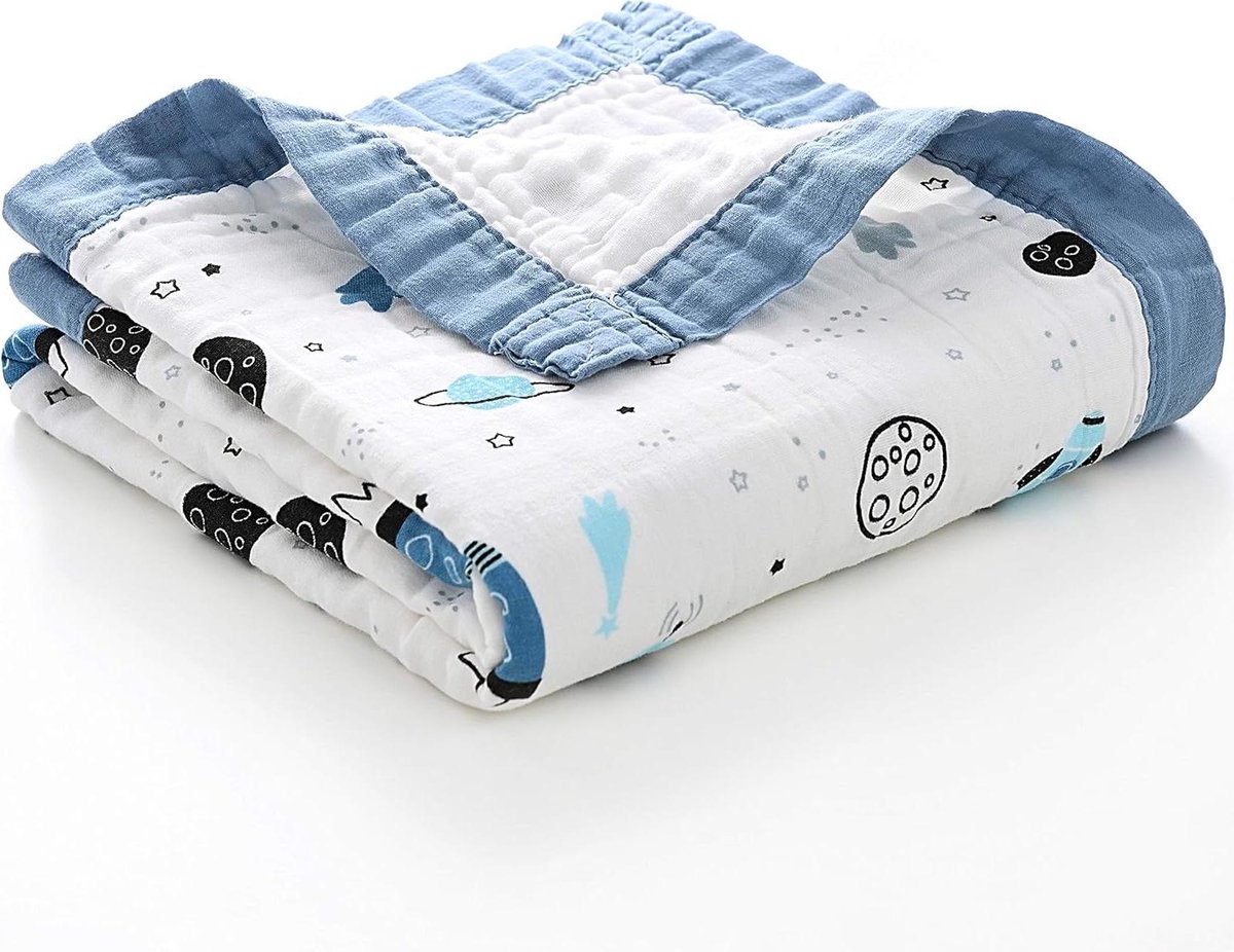 Babydeken Mousseline Katoen - 4 Lagen Dekentje - Comfortabel Slapen - Hypoallergeen Ademend - 107x107 cm - Blauw Ruimte