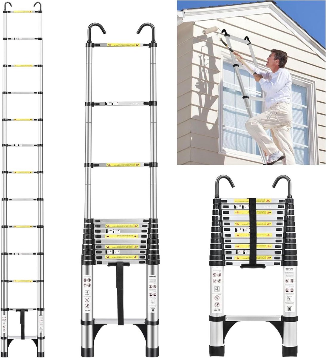 Telescopische Ladder - Opvouwbare Ladder - Werk op hoogte - Met extra haak - 3.8 meter - Zilver
