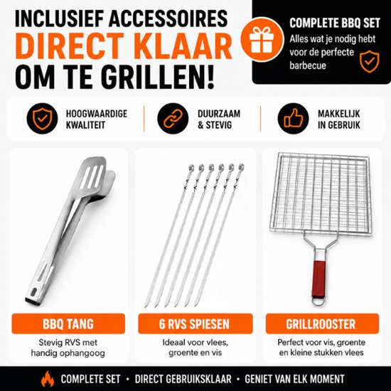 BBQ Grill 66,5 x 30,5 cm – Complete Japanse Barbecue Set met Tang, 6 Spiesen en Grillrooster – Houtskool BBQ voor Tuin, Terras en Camping — afbeelding 4