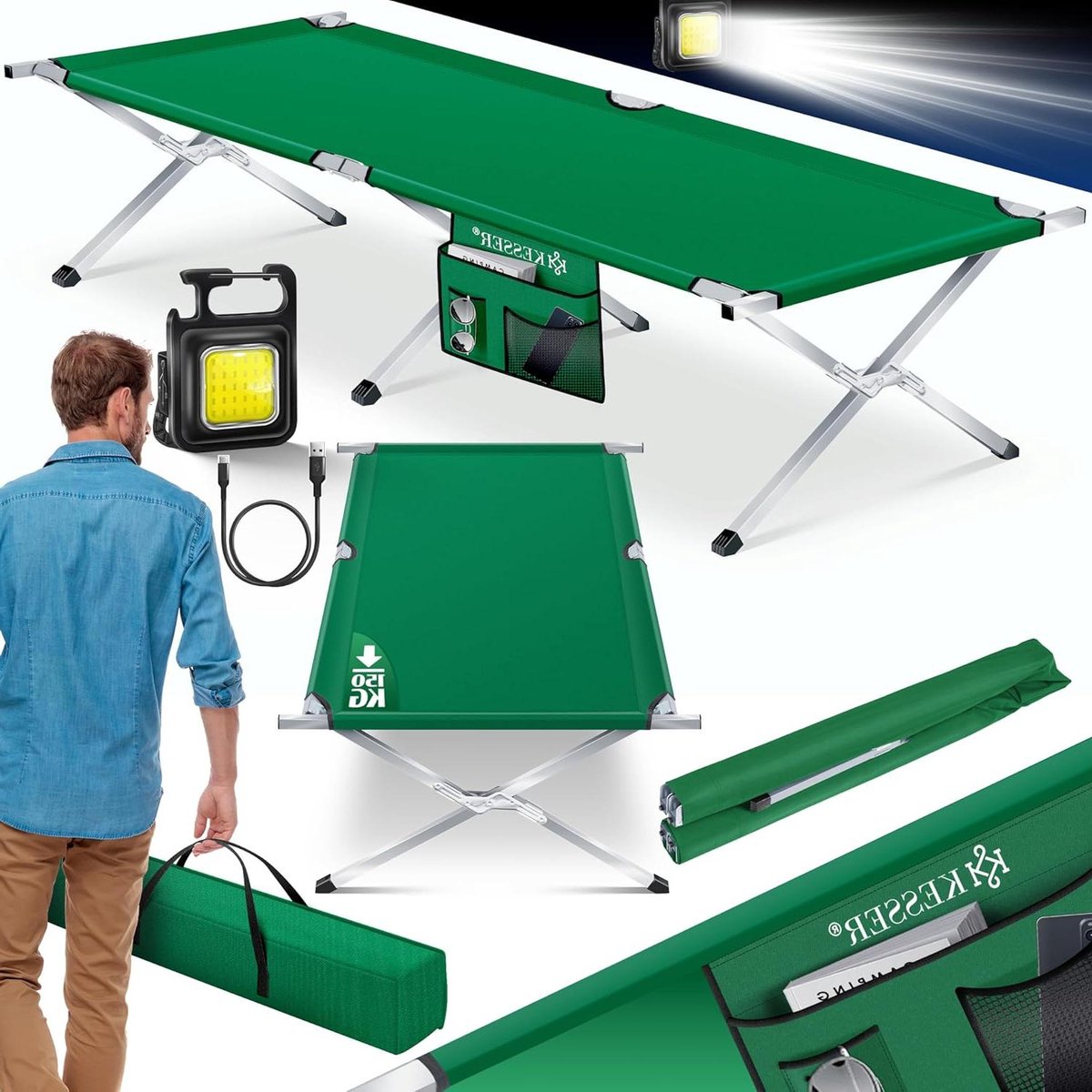 Campingbed - Opklapbed veldbed - Buiten slapen - Tot 150 kg belastbaar - 210 cm - Groen