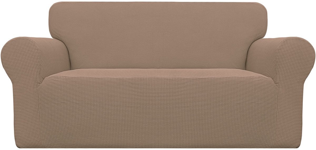 Stretch Loveseat hoes 1-delige bankhoes, meubelbeschermer, zachte met elastische onderkant, voor kinderen, polyester spandex jacquardstof, kleine ruitjes (Loveseat, Camel)