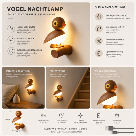 Ryoudavell - LED Nachtlampje Kindvogel - Slimme Automatische Lamp met Sensor voor Slaapkamer en Trap - Draadloze Dimbare LED Lamp en Tafellamp Kind - Oplaadbare Magnetische Sfeerlamp Nachtlamp Babykamer met Bewegingssensor en Timer - Bruin van ryoudavell — afbeelding 4